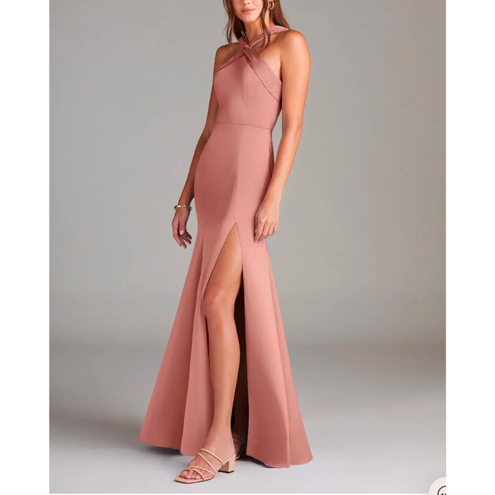 Azazie Rose Mauve Crisscross Halter Maxi Dress